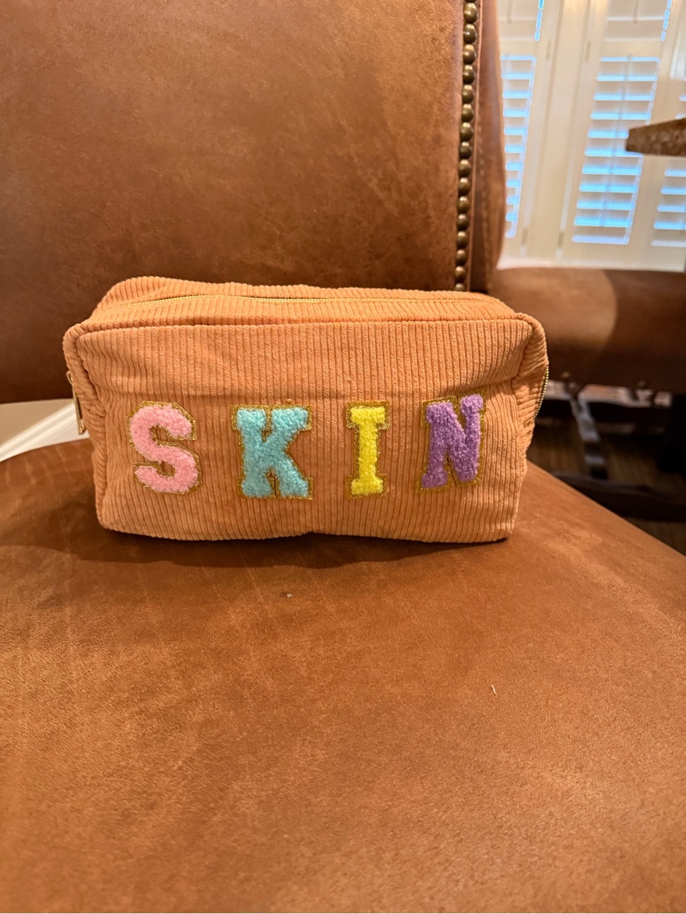 Women’s  Corduroy Cosmetic Pouch - Tan with Colorful Letters
